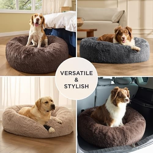 Calming faux fur donut dog bed