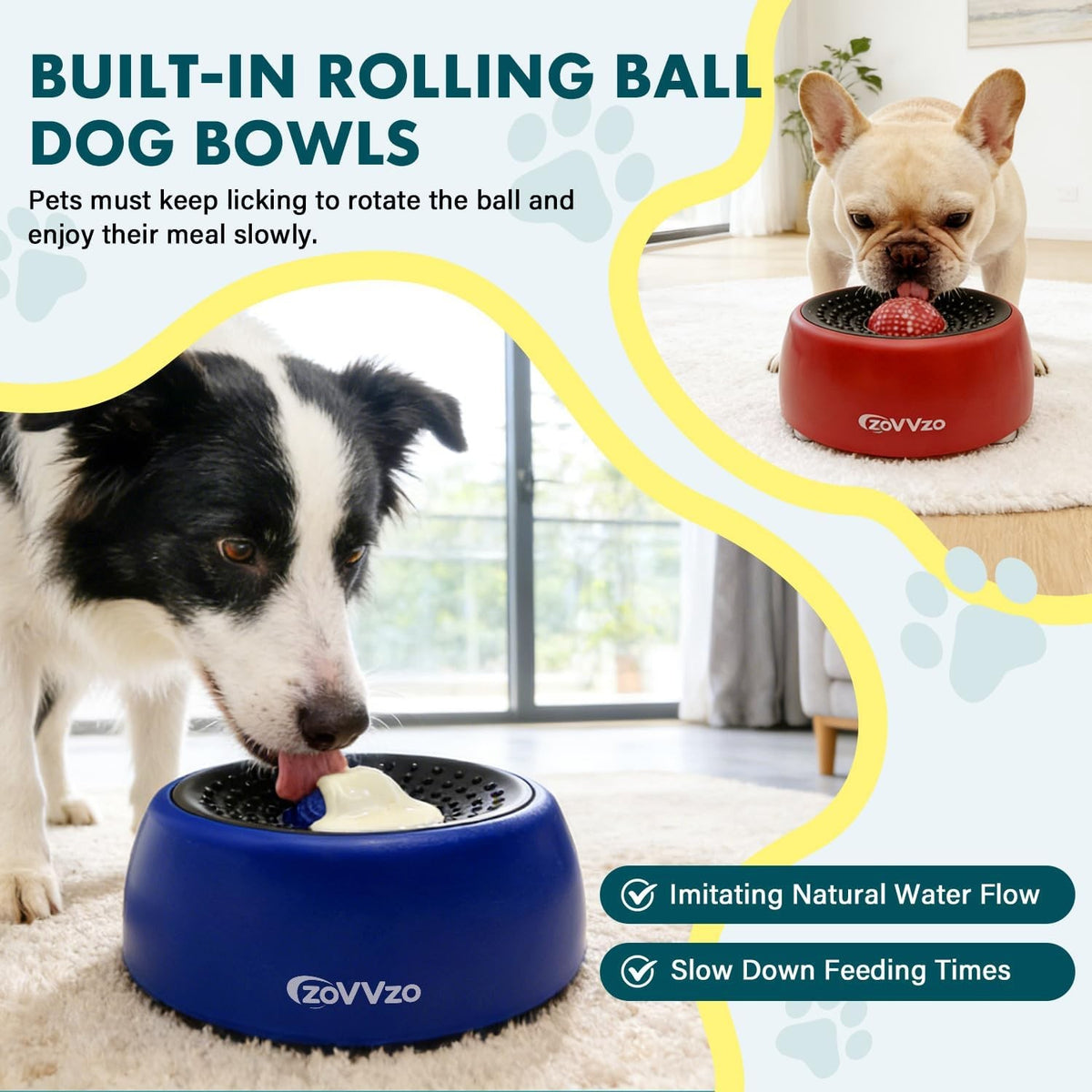 Slow feeder dog bowl with rolling ball