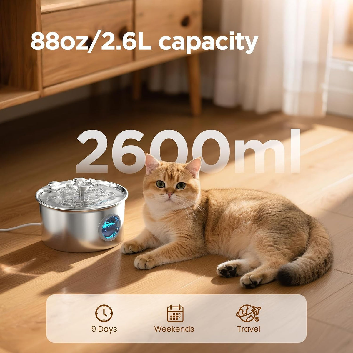 Stainless steel pet water fountain 2.6 litre